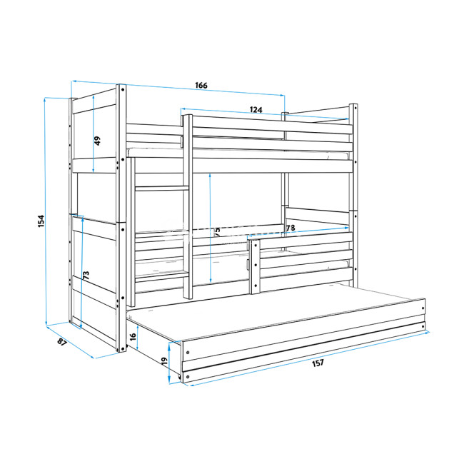 Dviaukštė trivietė lova RICO  Grafito-balta